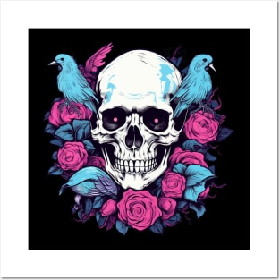 Floral Flowers Skull and Birds Posters and Art